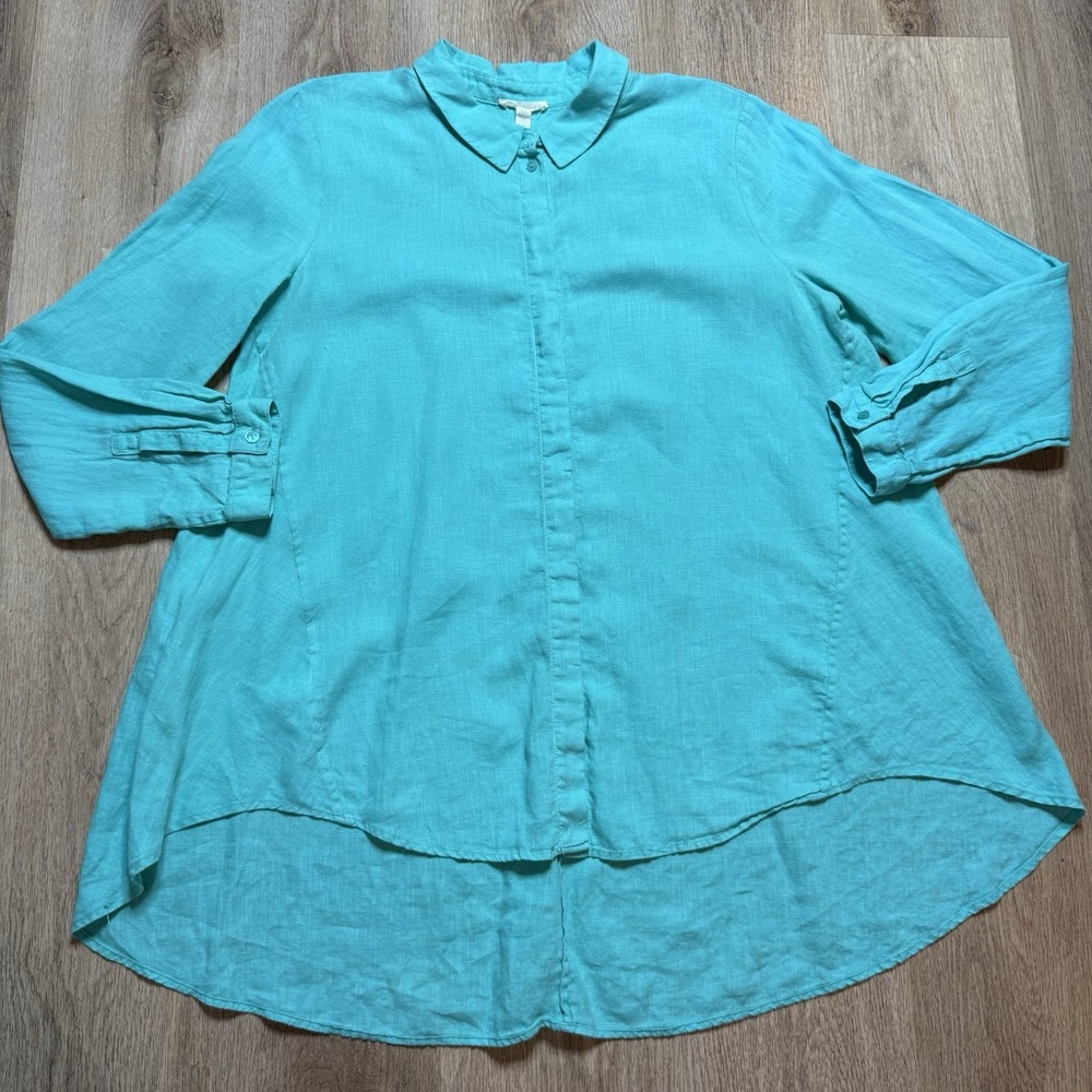 EILEEN FISHER Organic Handkerchief Linen Shirt Womens Sz PL Green Tunic High Low